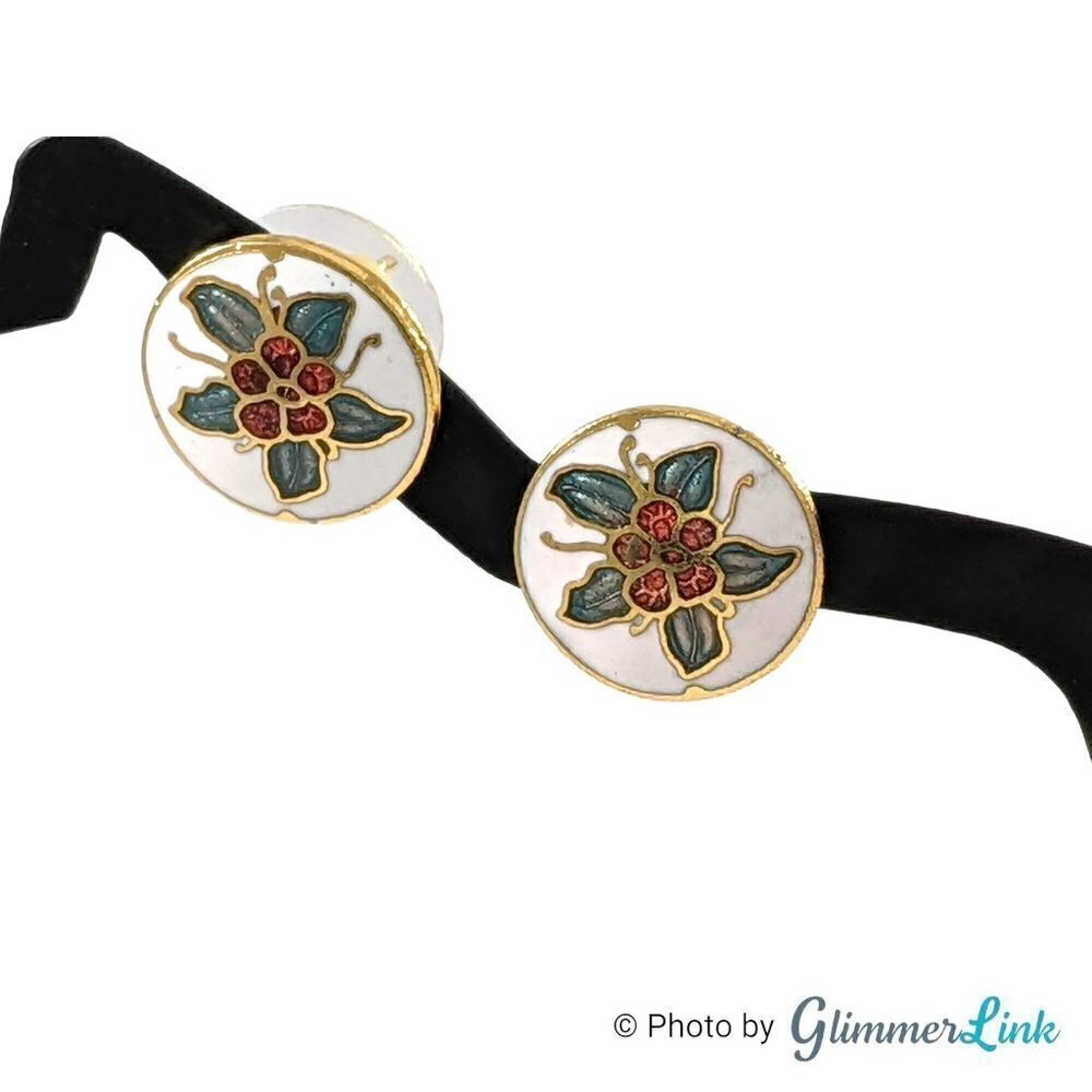 Vintage Small Cloisonne Floral Round Gold Tone Earrings